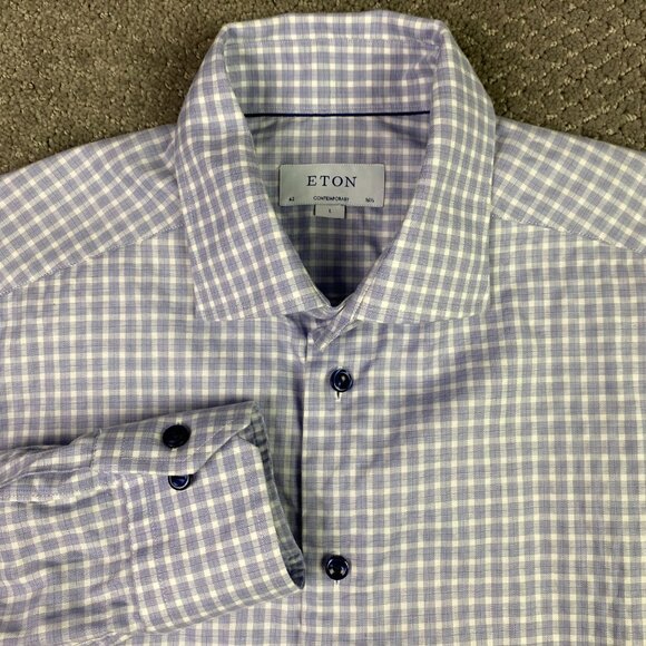 Eton Contemporary Shirt Men's 42 16.5 Button Up Front Lilac Blue Gingham Check - Picture 1 of 11